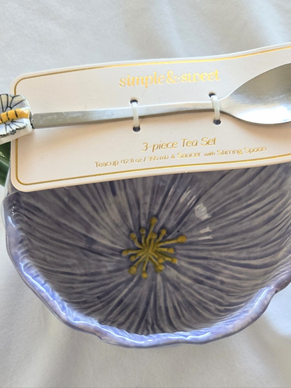 SIMPLE & SWEET 3PC Tea Set Flower Teacup Dish And Butterfly Spoon - Picture 3 of 3